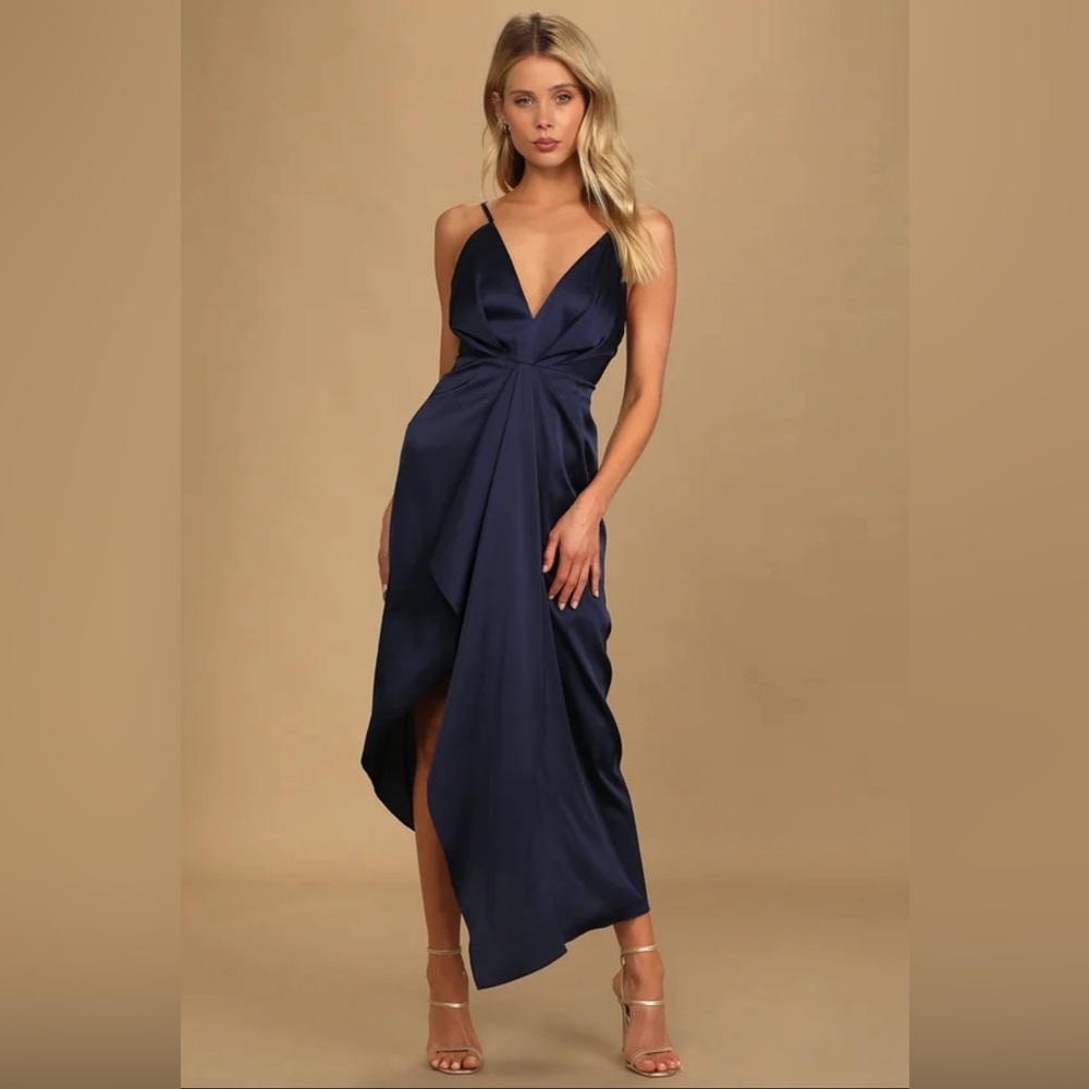 Lulu’s Caught Feelings Navy Blue Satin Ruffled Midi Dress